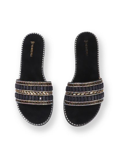 Black Embellished Slip-On Flats With Gold Bead Detailing