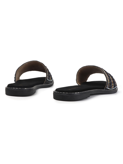 Black Embellished Slip-On Flats With Gold Bead Detailing