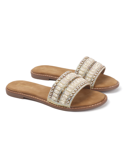 Golden Embellished Slip-On Flats With Gold Bead Detailing