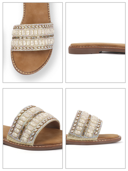 Golden Embellished Slip-On Flats With Gold Bead Detailing