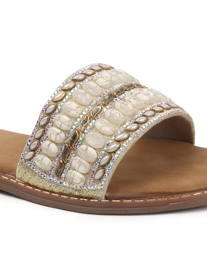 Golden Embellished Slip-On Flats With Gold Bead Detailing