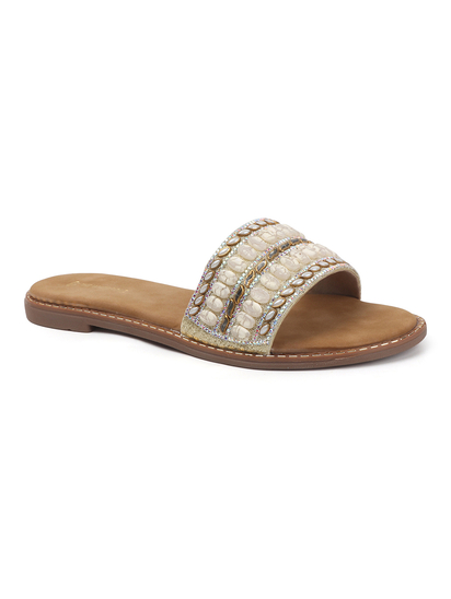 Golden Embellished Slip-On Flats With Gold Bead Detailing