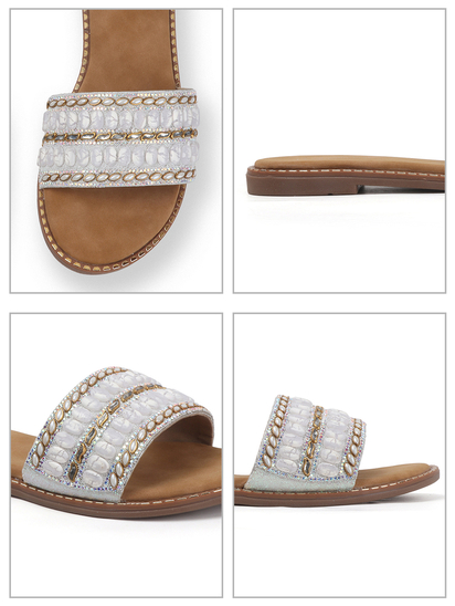 Silver Embellished Slip-On Flats With Gold Bead Detailing