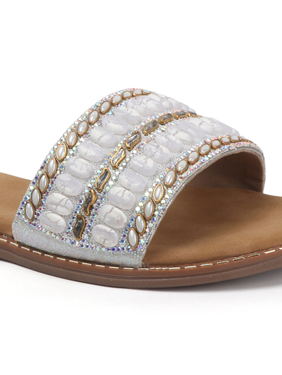 Silver Embellished Slip-On Flats With Gold Bead Detailing