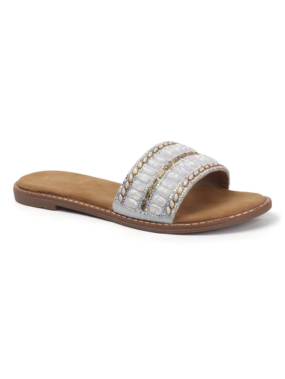 Silver Embellished Slip-On Flats With Gold Bead Detailing