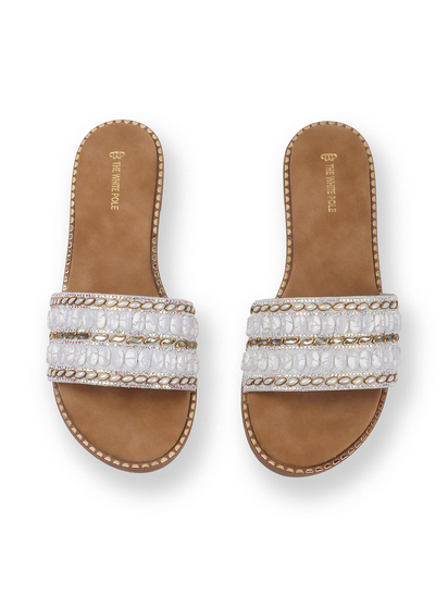 Silver Embellished Slip-On Flats With Gold Bead Detailing