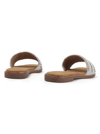 Silver Embellished Slip-On Flats With Gold Bead Detailing