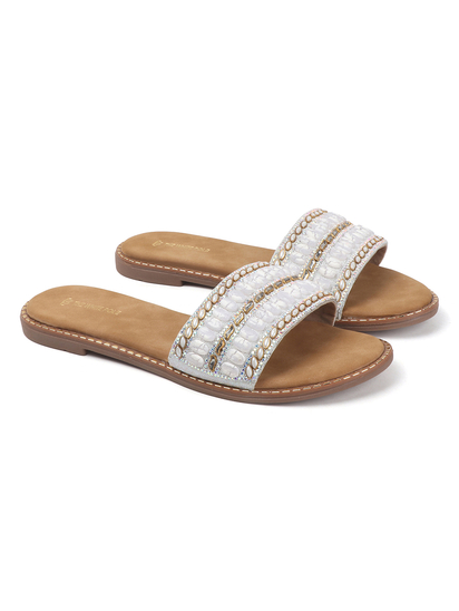 Silver Embellished Slip-On Flats With Gold Bead Detailing