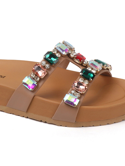 Crystal Embellished Slide Sandal in Nude