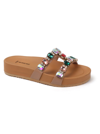 Crystal Embellished Slide Sandal in Nude