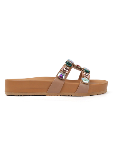 Crystal Embellished Slide Sandal in Nude