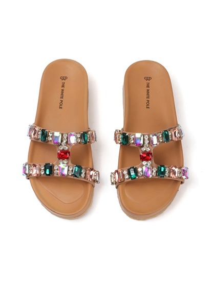Crystal Embellished Slide Sandal in Nude