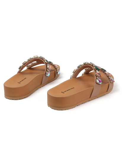 Crystal Embellished Slide Sandal in Nude