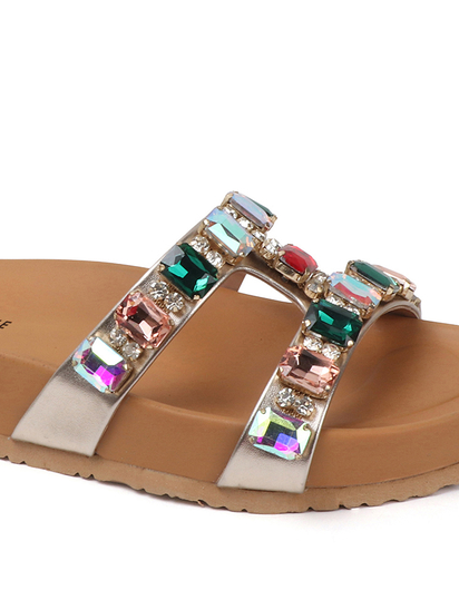 Crystal Embellished Slide Sandal in Gold