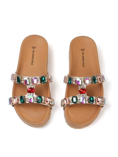 Crystal Embellished Slide Sandal in Gold