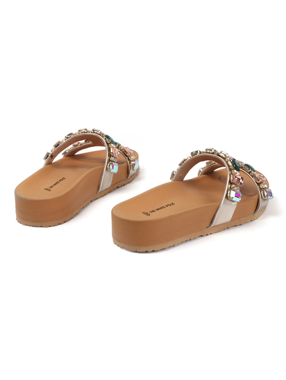 Crystal Embellished Slide Sandal in Gold