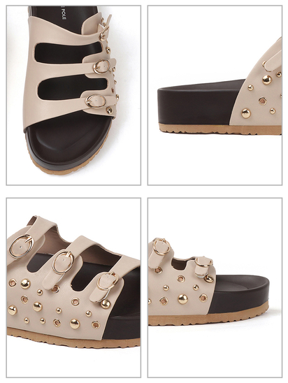 Cream Triple Buckle Studded Slides