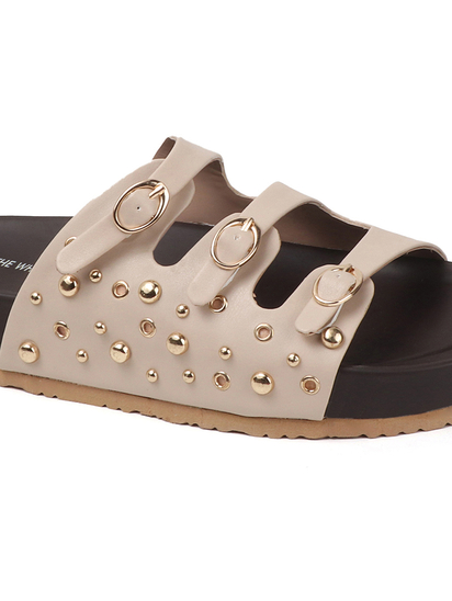 Cream Triple Buckle Studded Slides