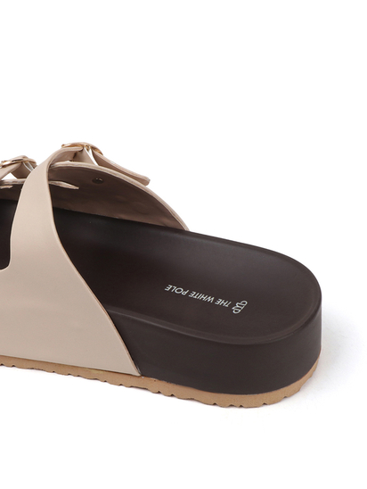 Cream Triple Buckle Studded Slides