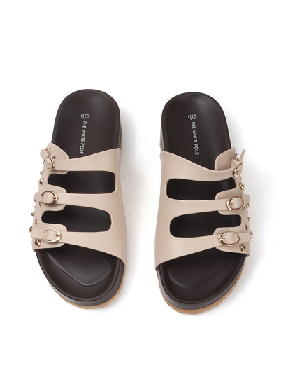 Cream Triple Buckle Studded Slides