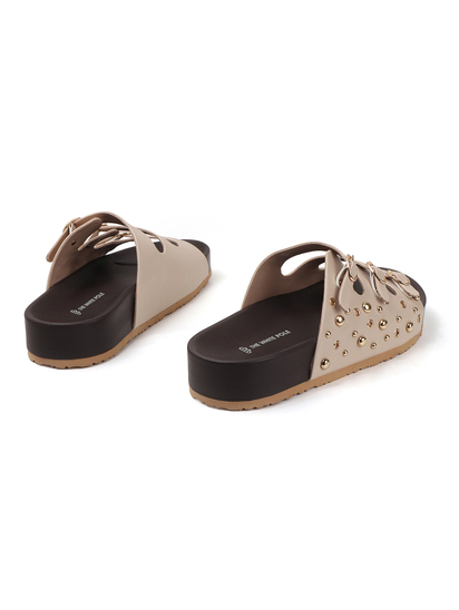 Cream Triple Buckle Studded Slides