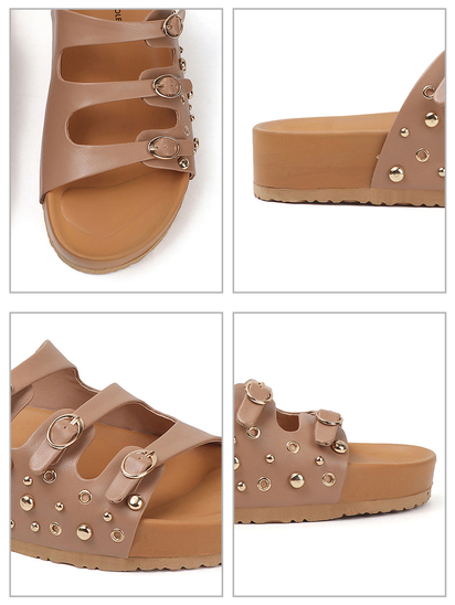 Nude Triple Buckle Studded Slides