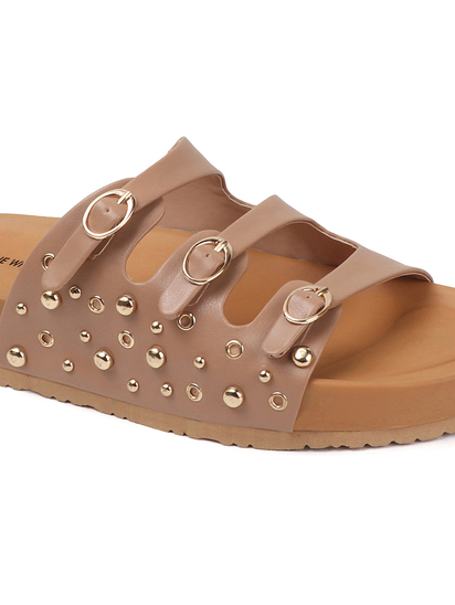 Nude Triple Buckle Studded Slides