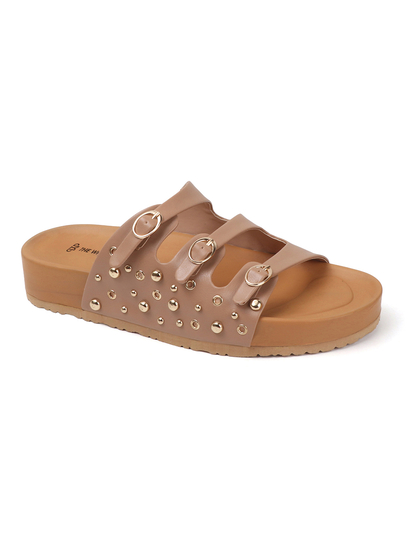 Nude Triple Buckle Studded Slides