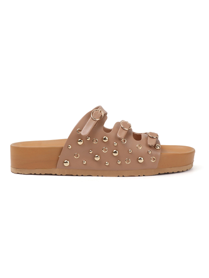 Nude Triple Buckle Studded Slides
