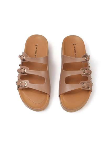 Nude Triple Buckle Studded Slides