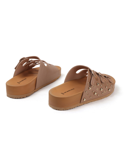 Nude Triple Buckle Studded Slides