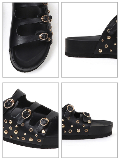 Black Triple Buckle Studded Slides