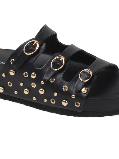 Black Triple Buckle Studded Slides