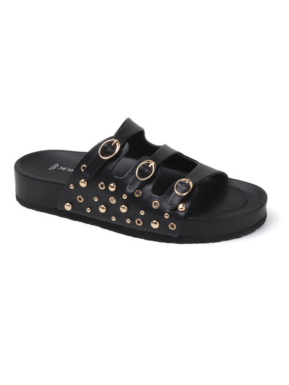 Black Triple Buckle Studded Slides