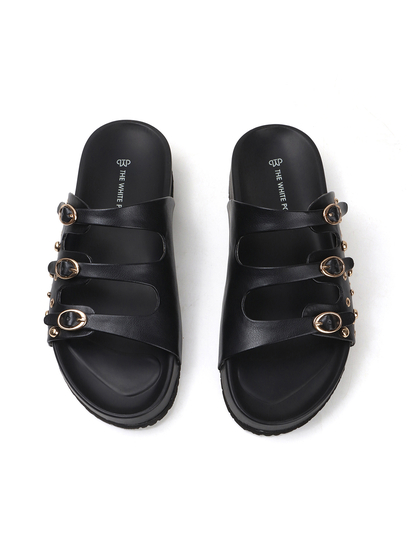 Black Triple Buckle Studded Slides