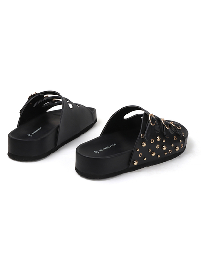 Black Triple Buckle Studded Slides