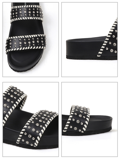 Black Studded Platform Slides With Contrast Trim