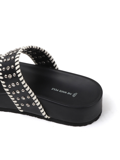 Black Studded Platform Slides With Contrast Trim
