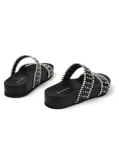 Black Studded Platform Slides With Contrast Trim