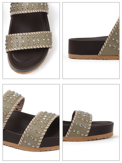 Olive Studded Platform Slides With Contrast Trim