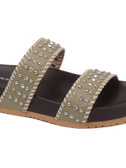 Olive Studded Platform Slides With Contrast Trim