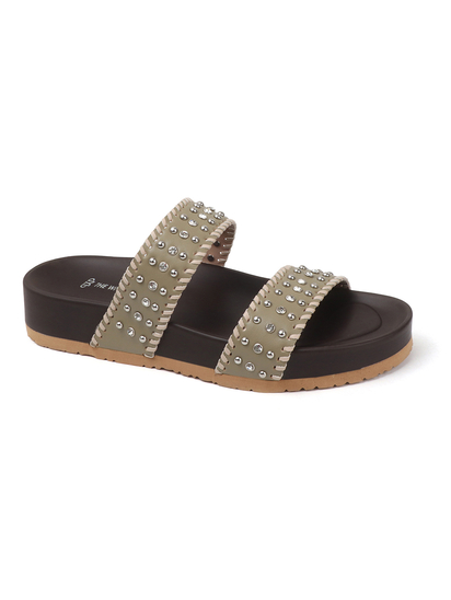 Olive Studded Platform Slides With Contrast Trim