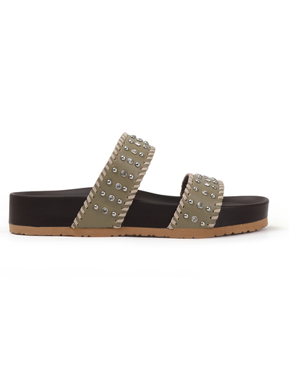 Olive Studded Platform Slides With Contrast Trim