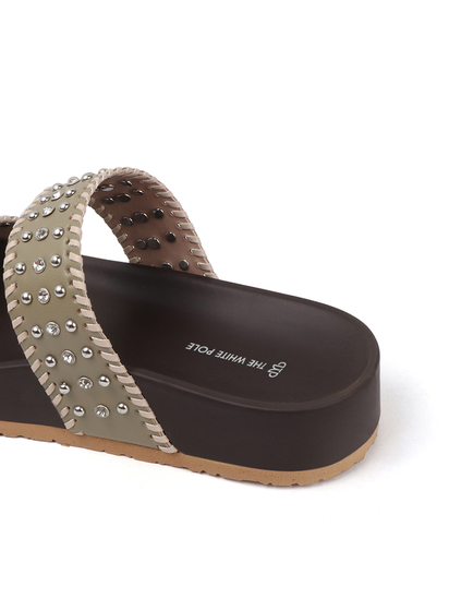 Olive Studded Platform Slides With Contrast Trim