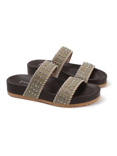 Olive Studded Platform Slides With Contrast Trim