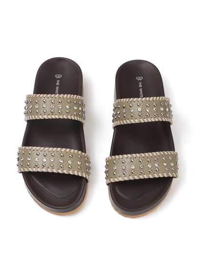 Olive Studded Platform Slides With Contrast Trim