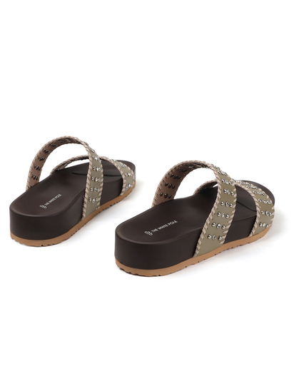 Olive Studded Platform Slides With Contrast Trim