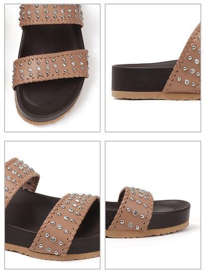Nude Studded Platform Slides With Contrast Trim