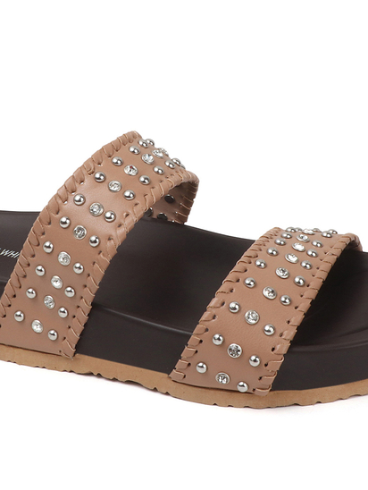 Nude Studded Platform Slides With Contrast Trim