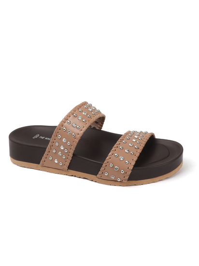 Nude Studded Platform Slides With Contrast Trim